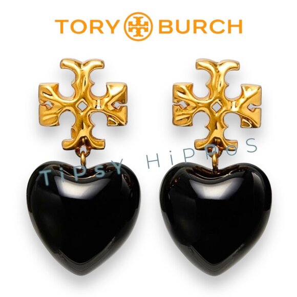 Tory Burch Black and Gold Roxanne Heart Drop Earrings - Picture 1 of 4